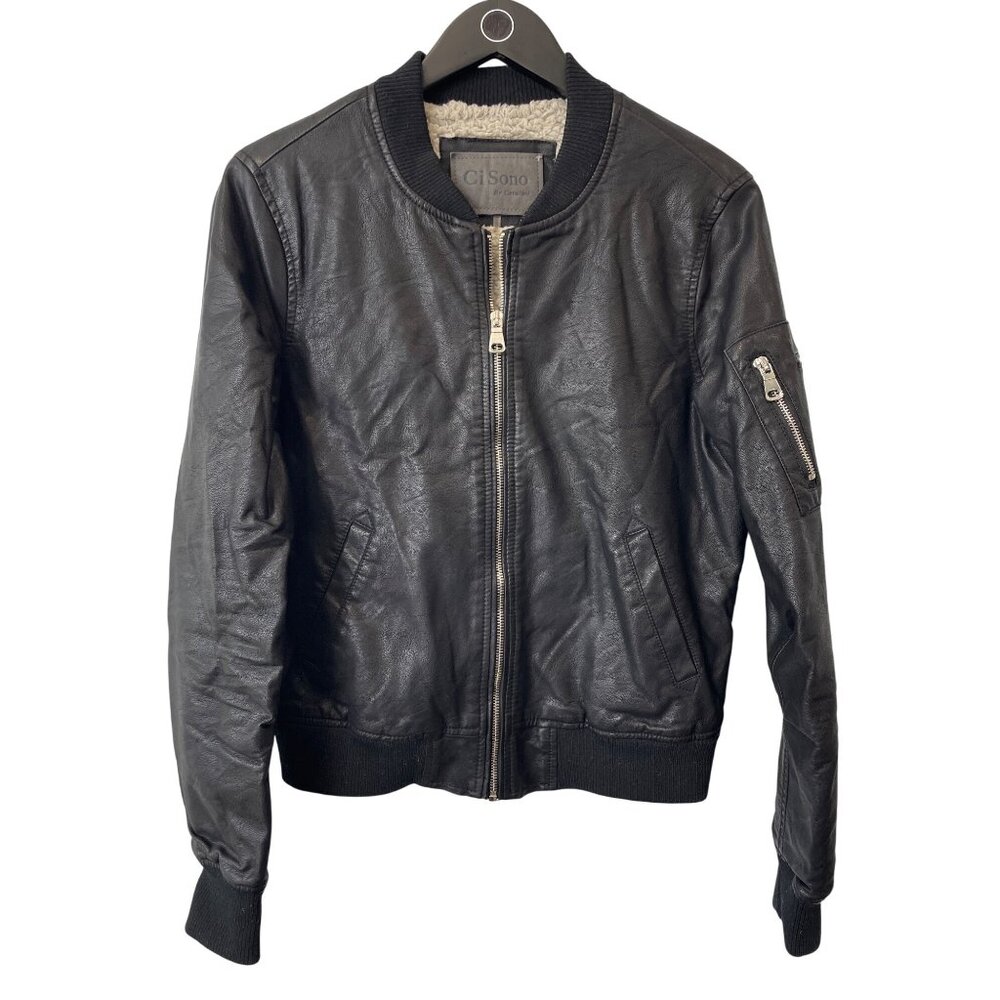 Ci Sono by Cavalini Bomber Jacket Size Large Faux Leather Full Zip Black Outdoor